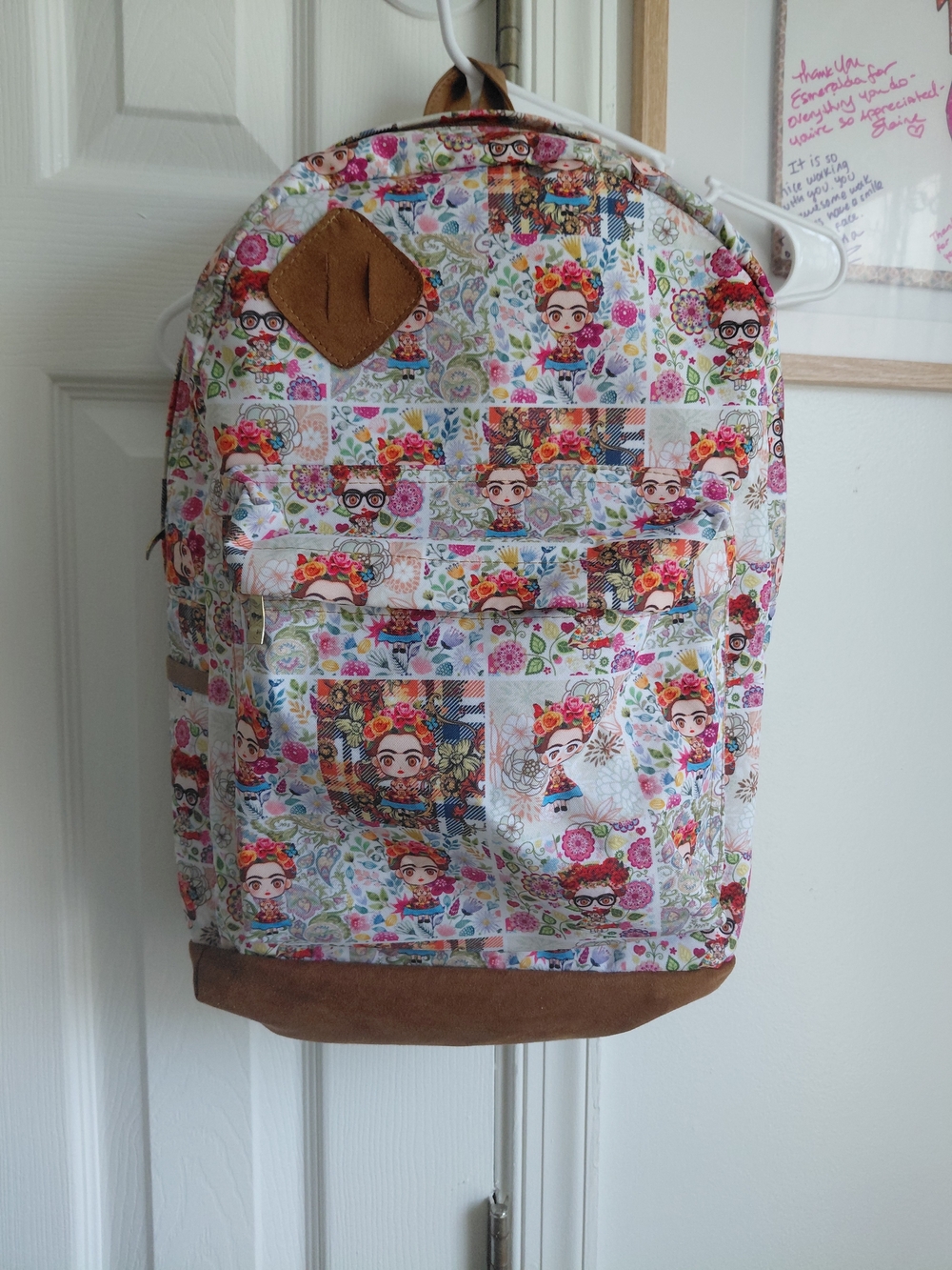Kids Floral Character Print Backpack in White with Brown Accent
